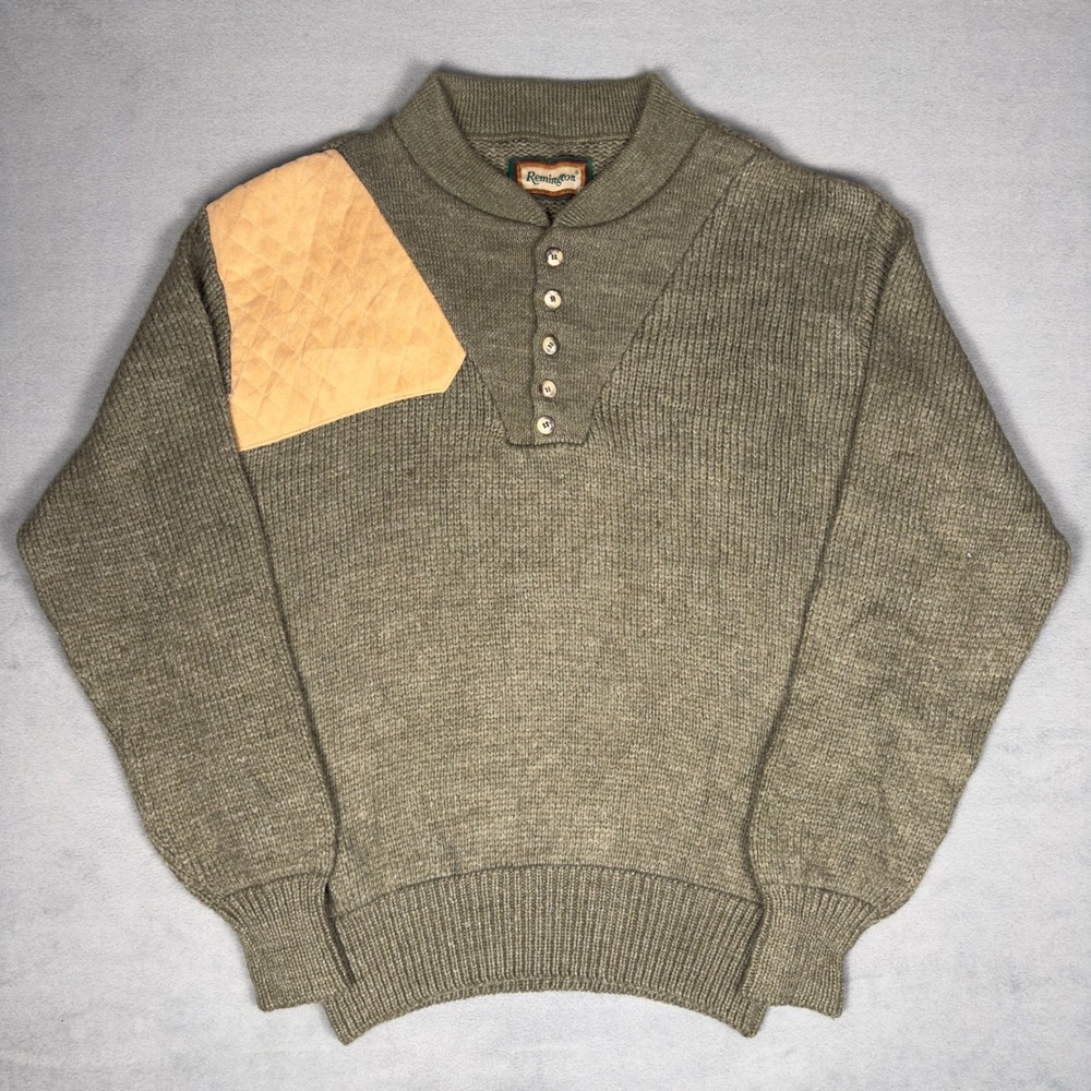 Remington Wool Shooting Sweater Mens XL Olive Green Henley Shoulder Patch